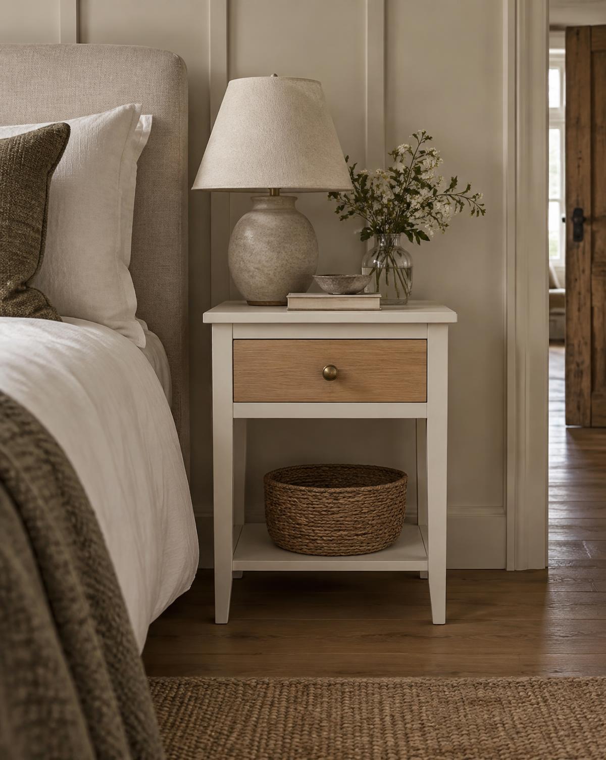 Ivory bedside table with a natural oak drawer