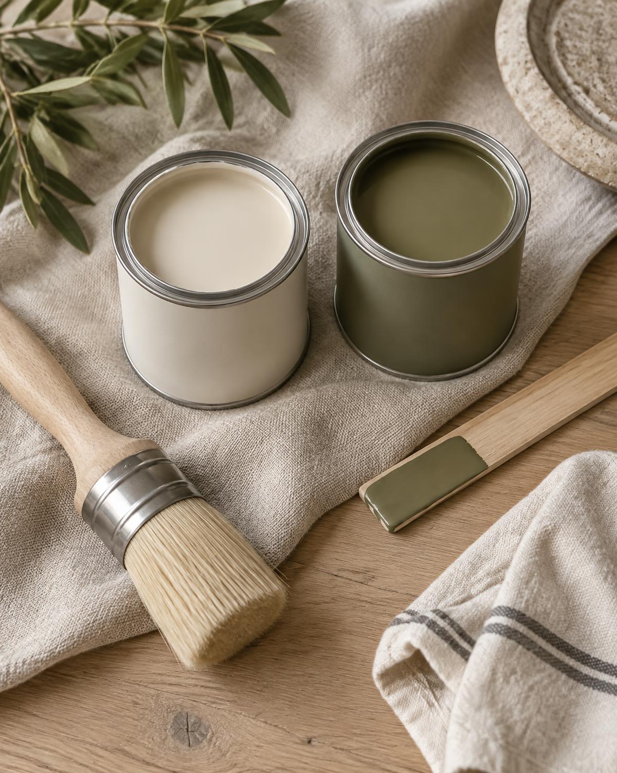 Two chalk paint tins and brush arranged on natural linen