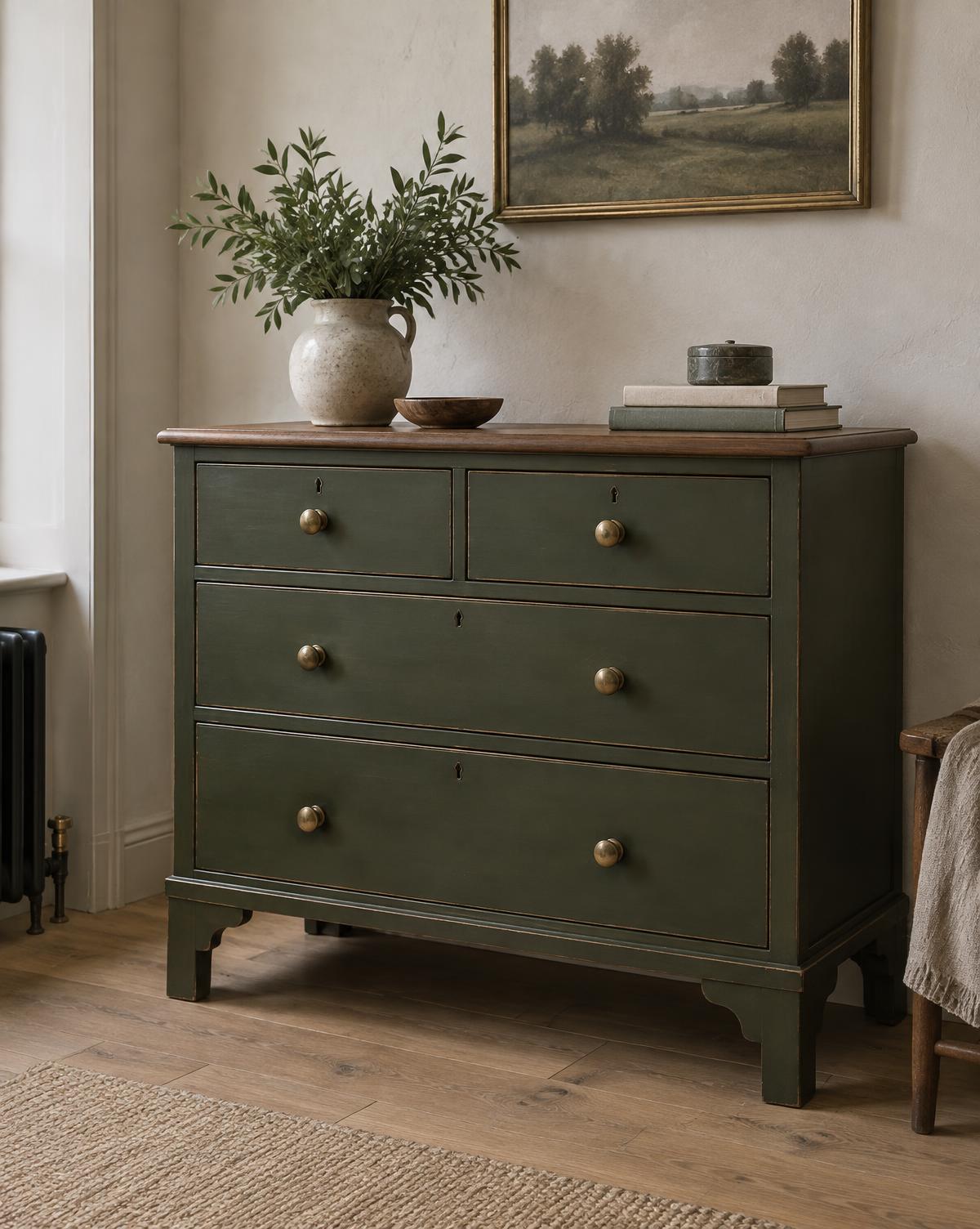 Olive green vintage chest of drawers with a natural wood top