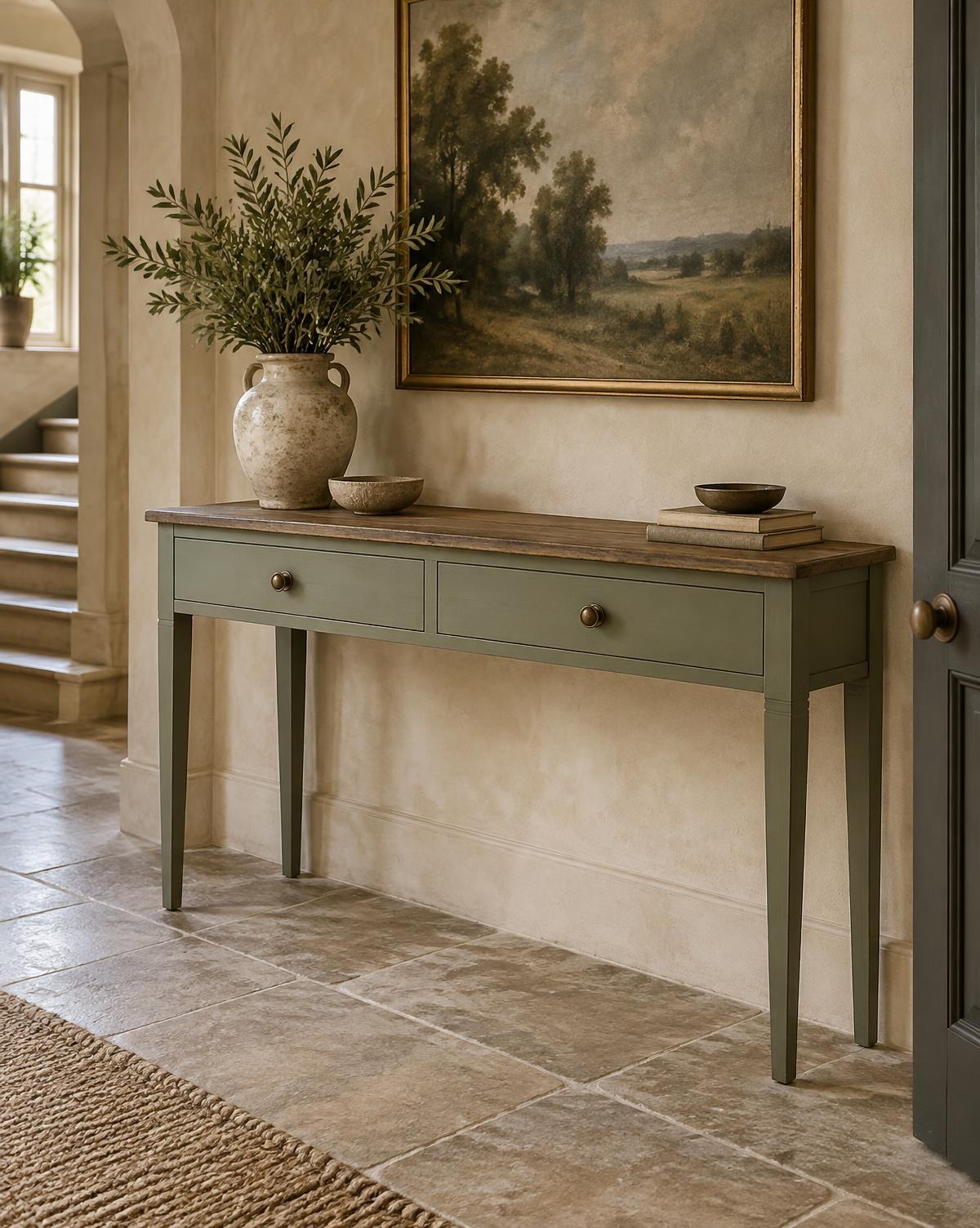 Sage green console table with a reclaimed wood top