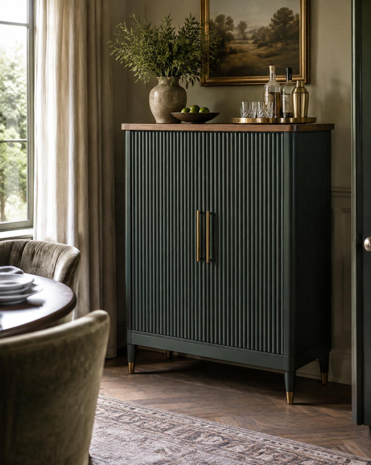 Deep green fluted vintage cabinet with brass handles